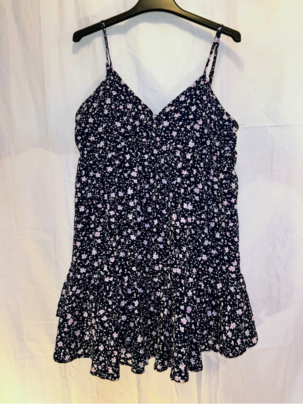 Navy and Light Pink Floral Spaghetti-Strap Mini Dress